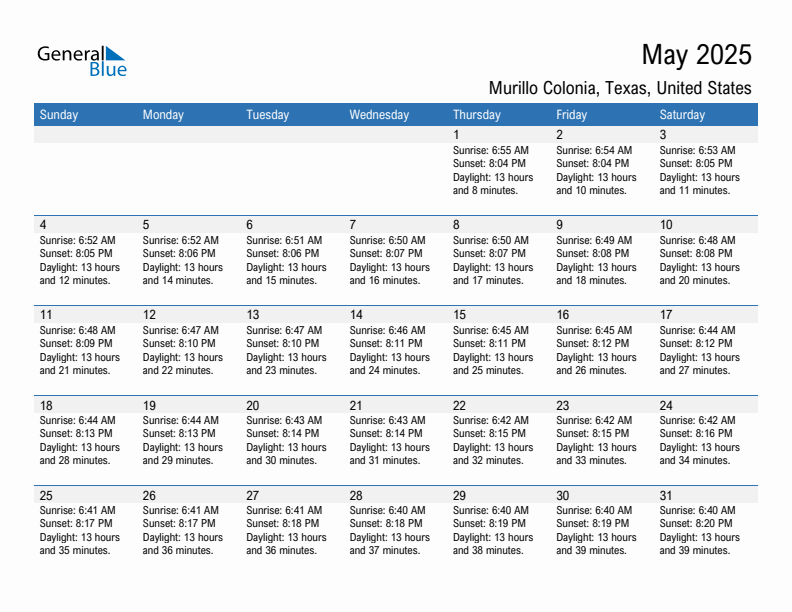 Murillo Colonia May 2025 sunrise and sunset calendar in PDF, Excel, and Word