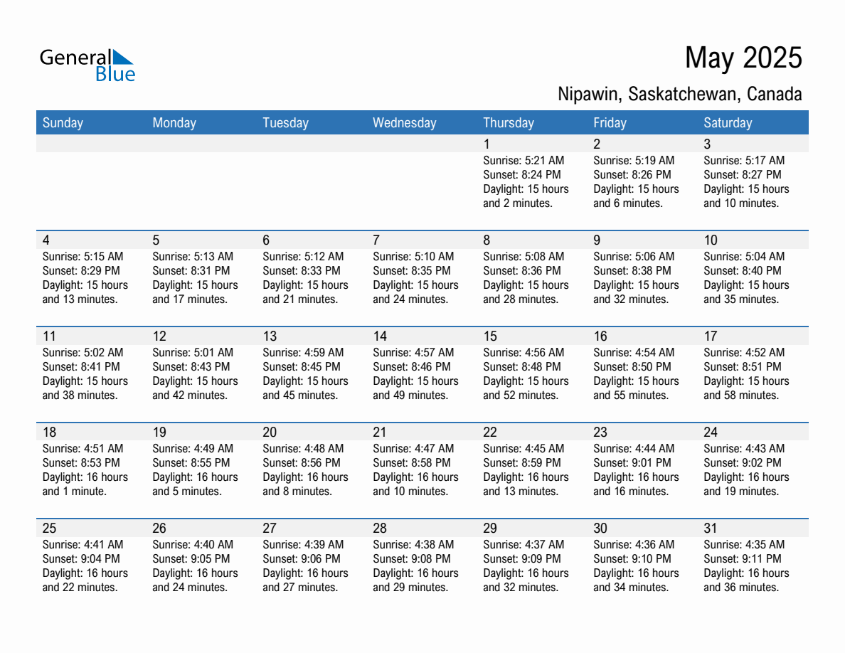 May 2025 sunrise and sunset calendar for Nipawin