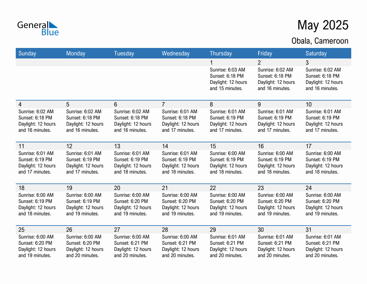 May 2025 sunrise and sunset calendar for Obala