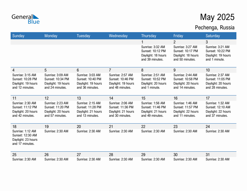 Pechenga May 2025 sunrise and sunset calendar in PDF, Excel, and Word