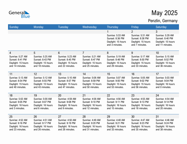 Penzlin May 2025 sunrise and sunset calendar in PDF, Excel, and Word