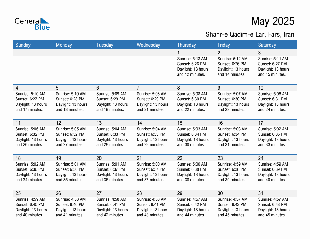 May 2025 sunrise and sunset calendar for Shahr-e Qadim-e Lar