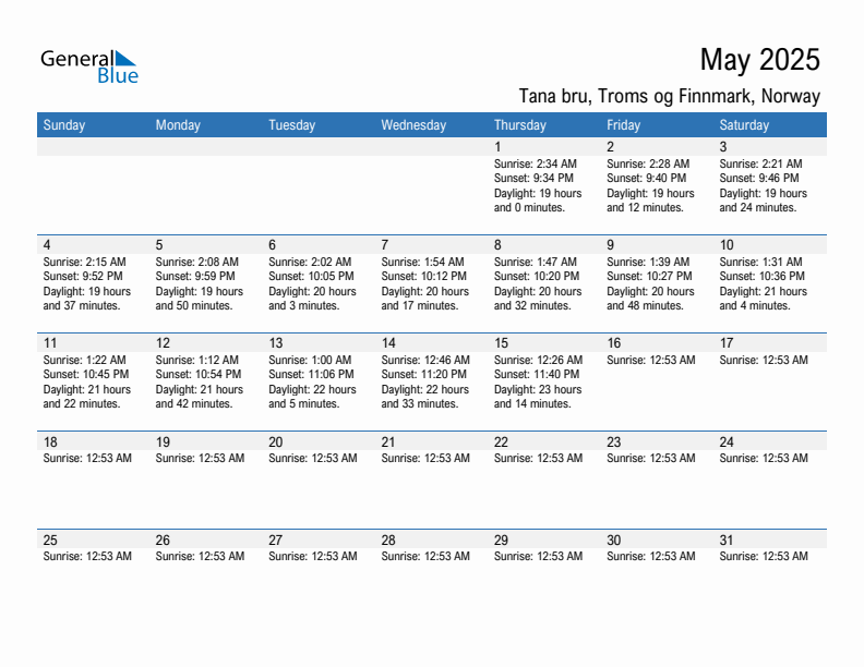 Tana bru May 2025 sunrise and sunset calendar in PDF, Excel, and Word