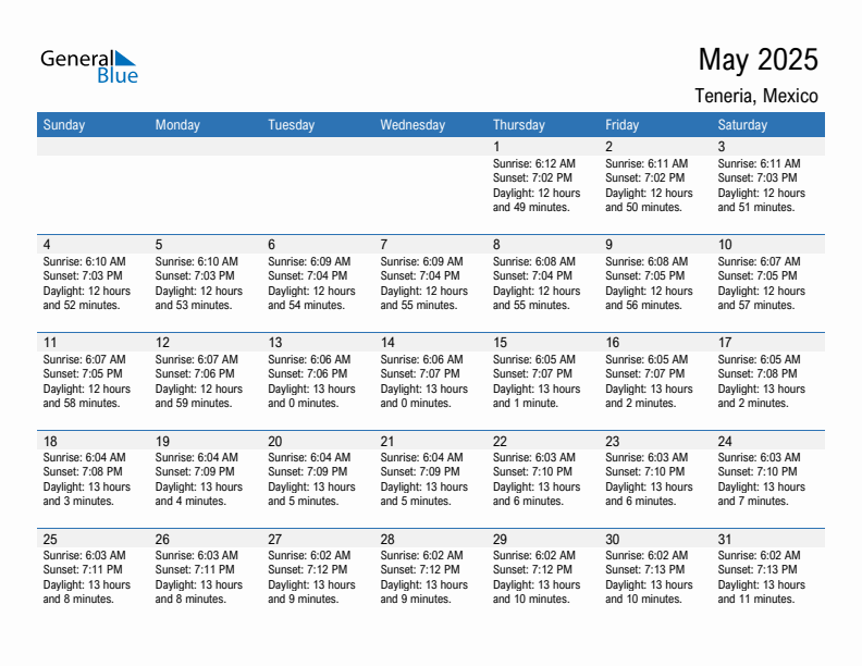 Teneria May 2025 sunrise and sunset calendar in PDF, Excel, and Word