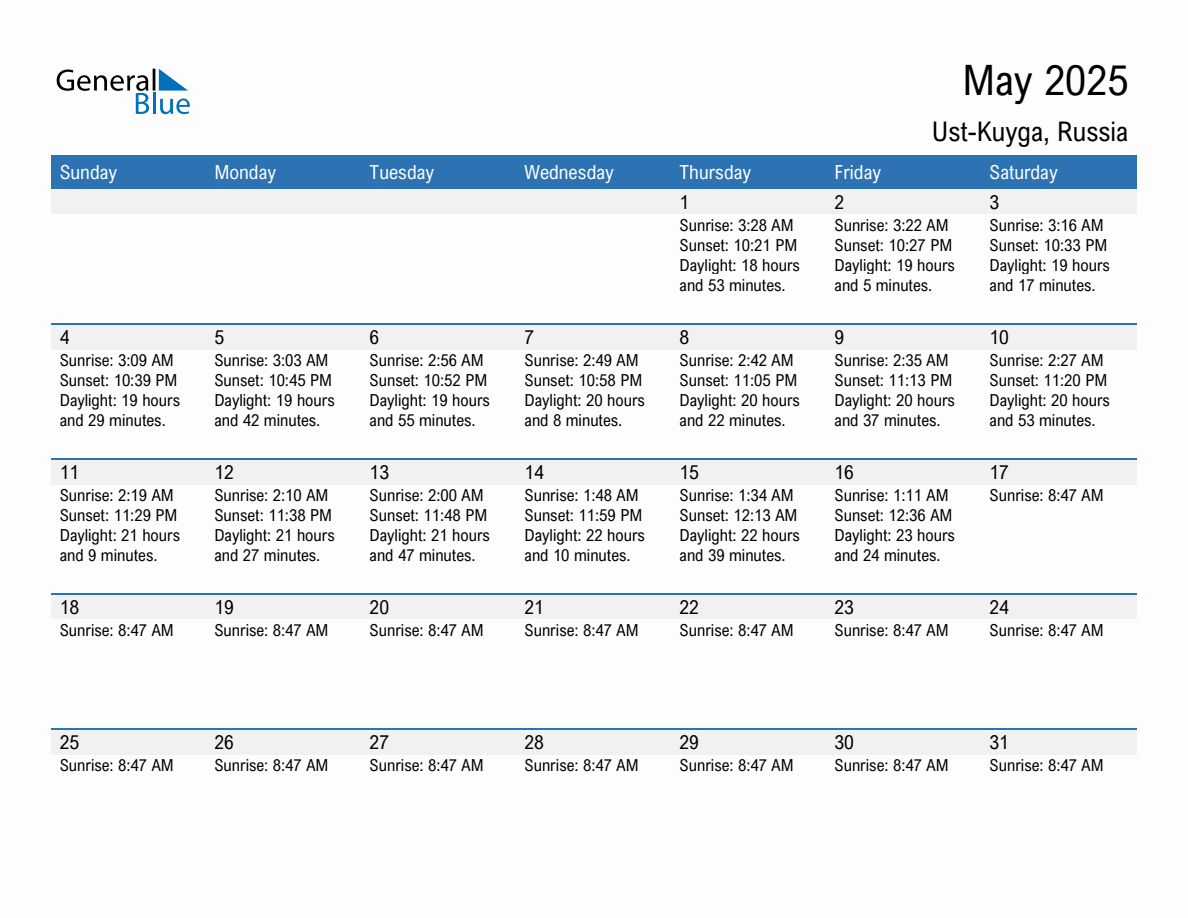 May 2025 sunrise and sunset calendar for Ust-Kuyga
