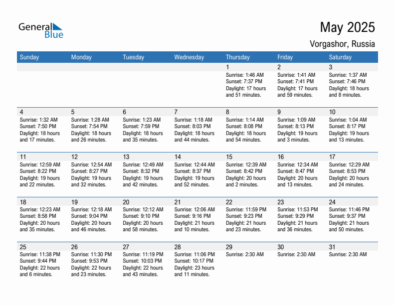 Vorgashor May 2025 sunrise and sunset calendar in PDF, Excel, and Word