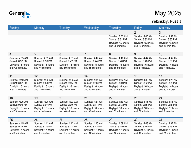 Yelanskiy May 2025 sunrise and sunset calendar in PDF, Excel, and Word
