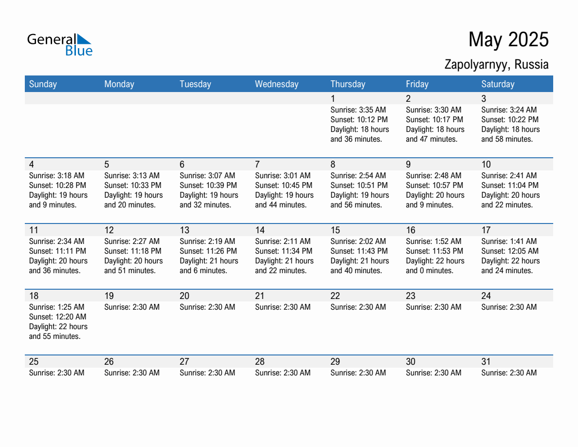 May 2025 sunrise and sunset calendar for Zapolyarnyy
