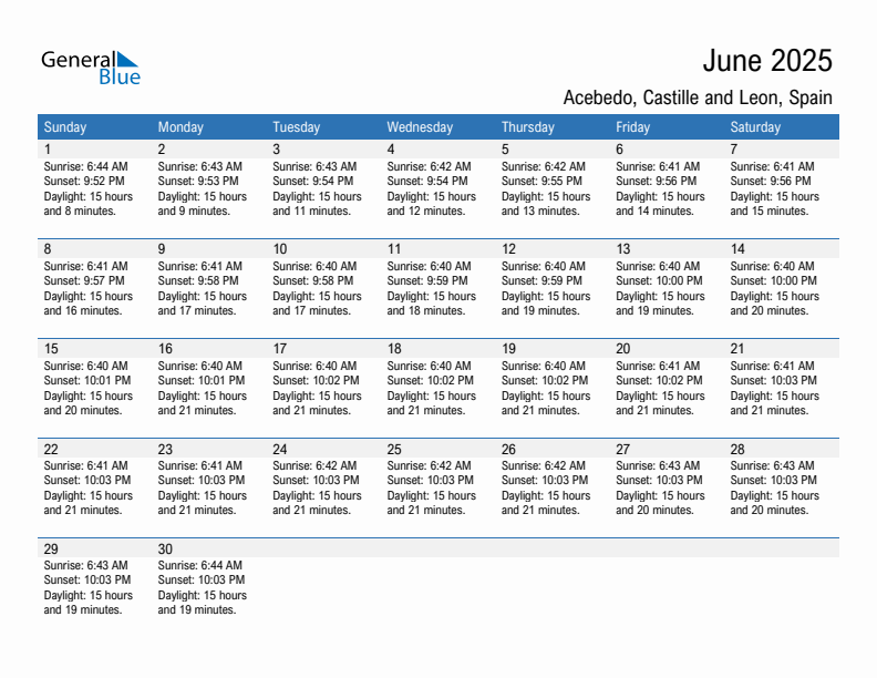Acebedo June 2025 sunrise and sunset calendar in PDF, Excel, and Word