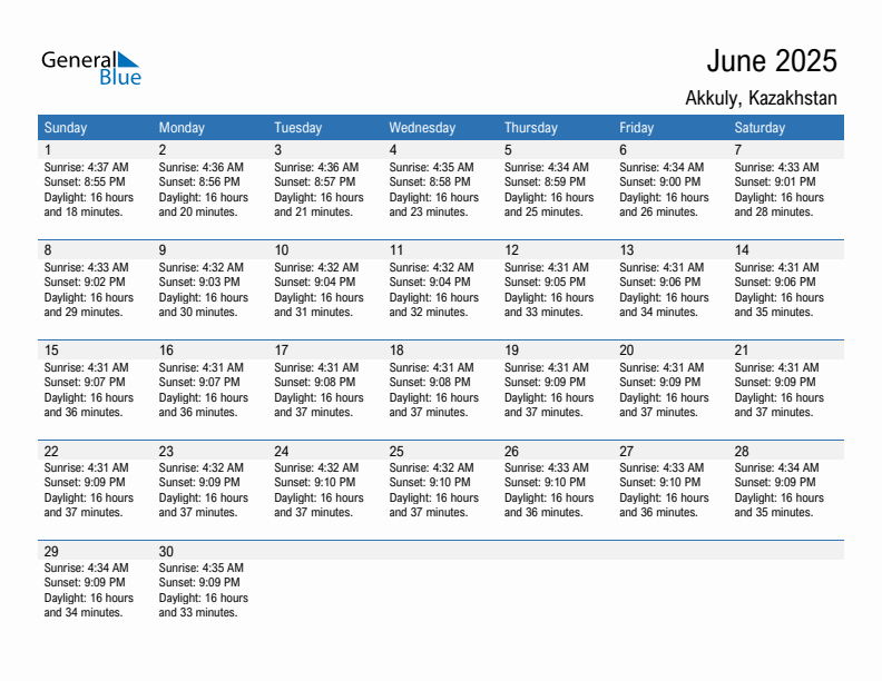 Akkuly June 2025 sunrise and sunset calendar in PDF, Excel, and Word