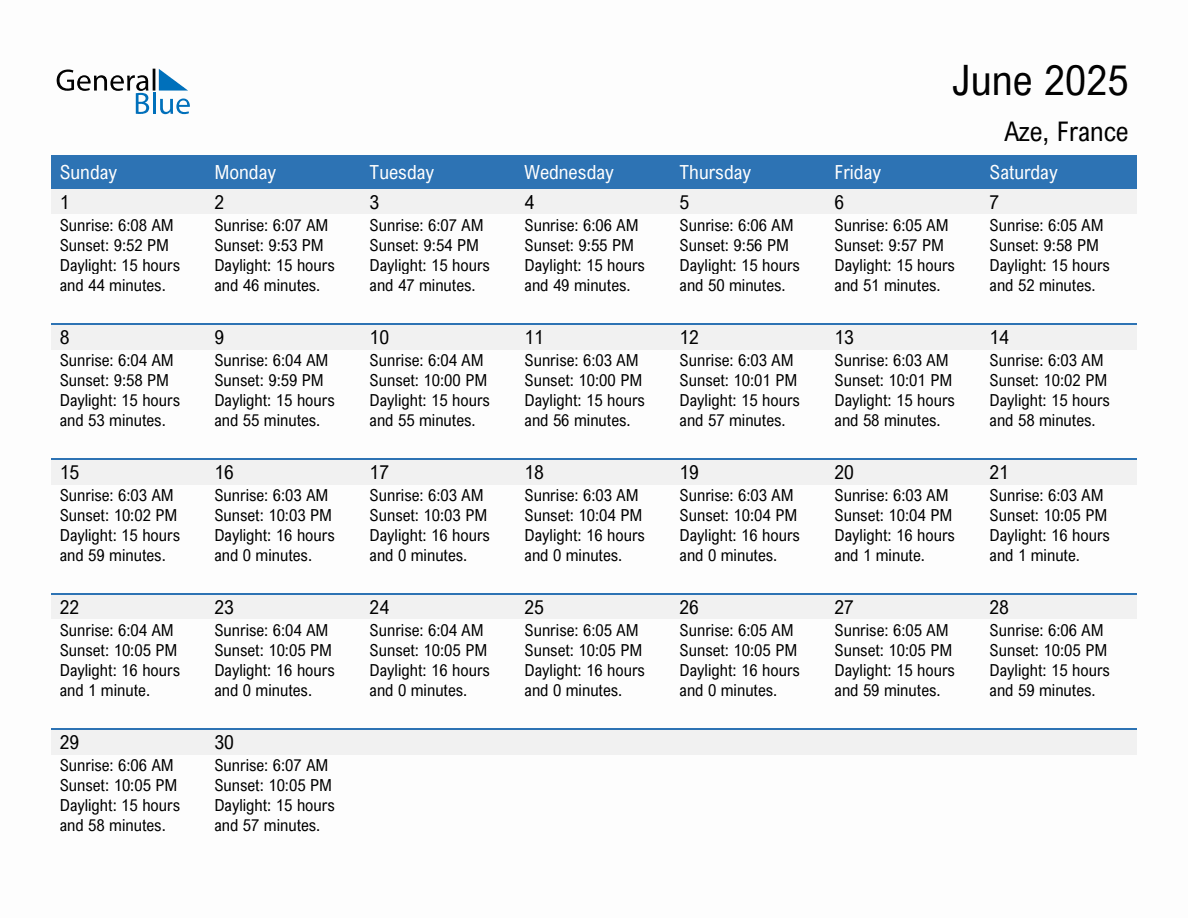 June 2025 sunrise and sunset calendar for Aze