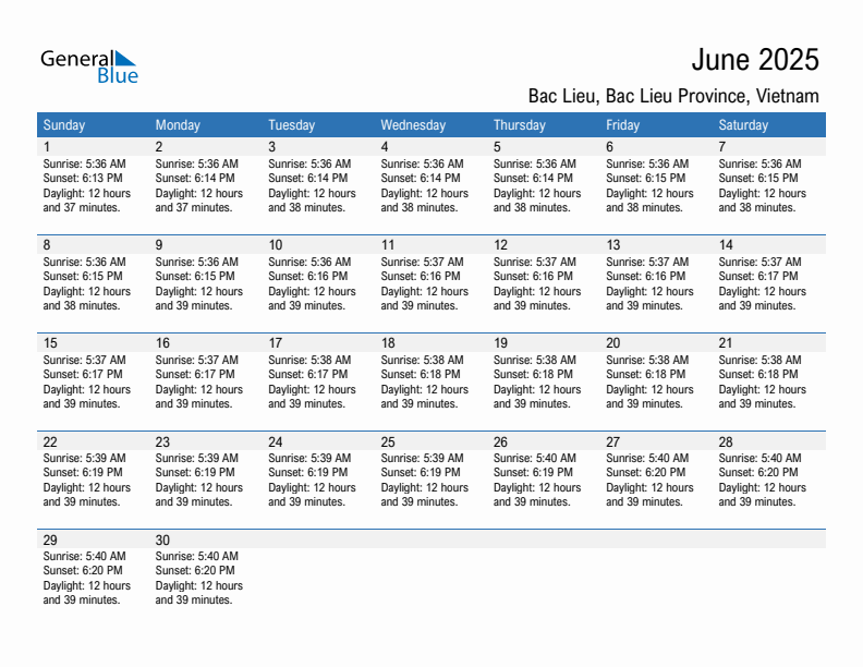 Bac Lieu June 2025 sunrise and sunset calendar in PDF, Excel, and Word