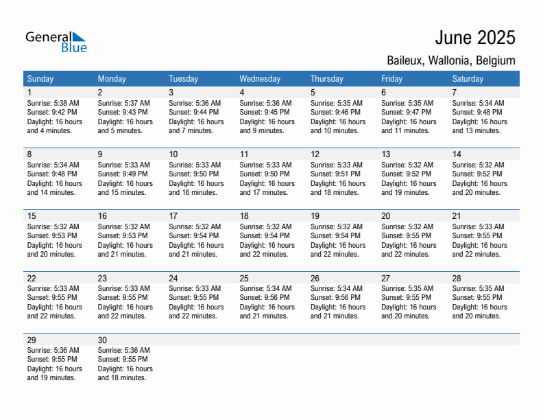 Baileux June 2025 sunrise and sunset calendar in PDF, Excel, and Word