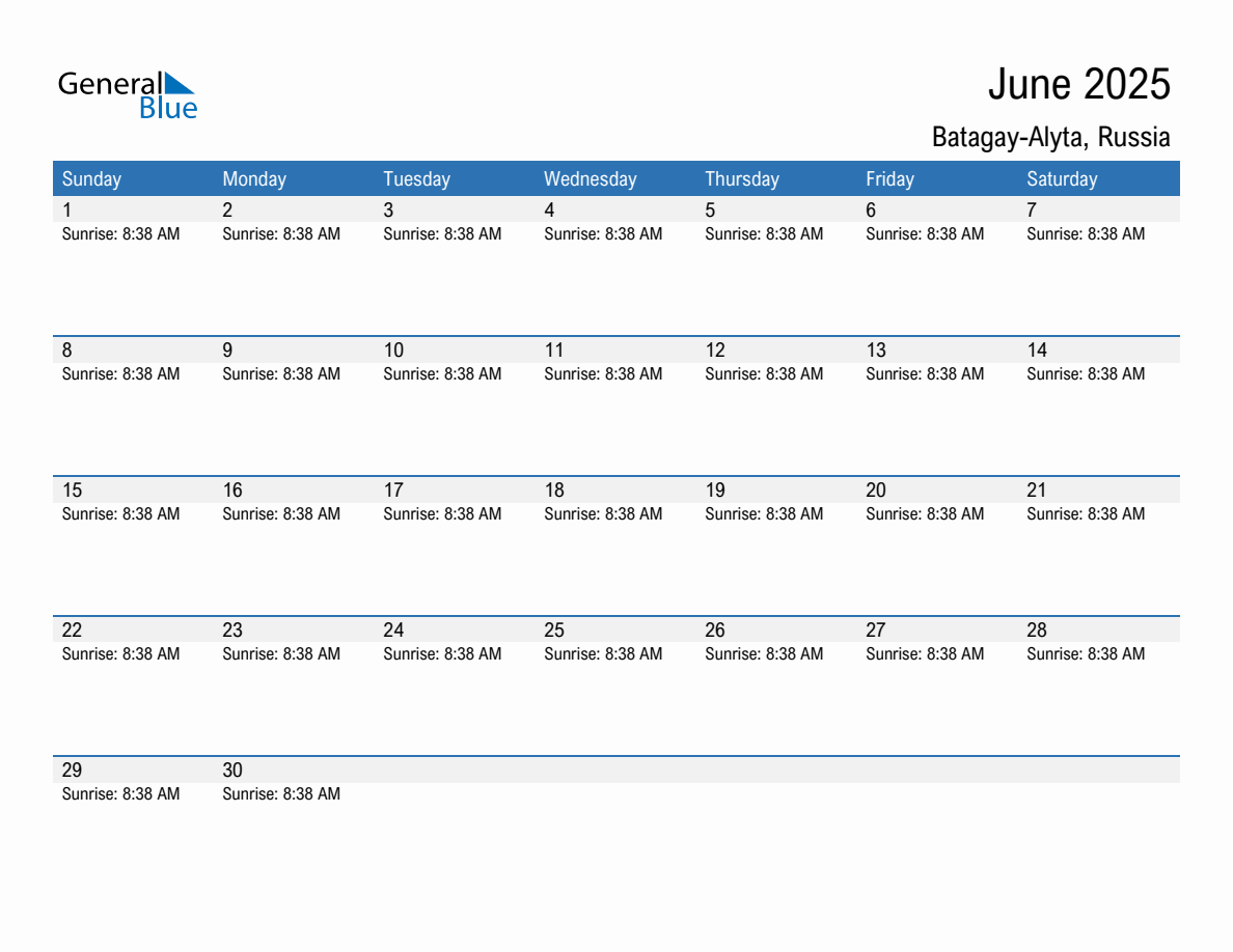 June 2025 sunrise and sunset calendar for Batagay-Alyta
