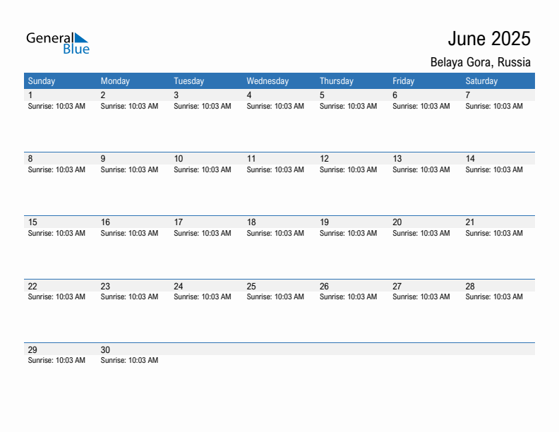 Belaya Gora June 2025 sunrise and sunset calendar in PDF, Excel, and Word