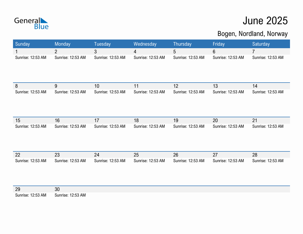June 2025 sunrise and sunset calendar for Bogen