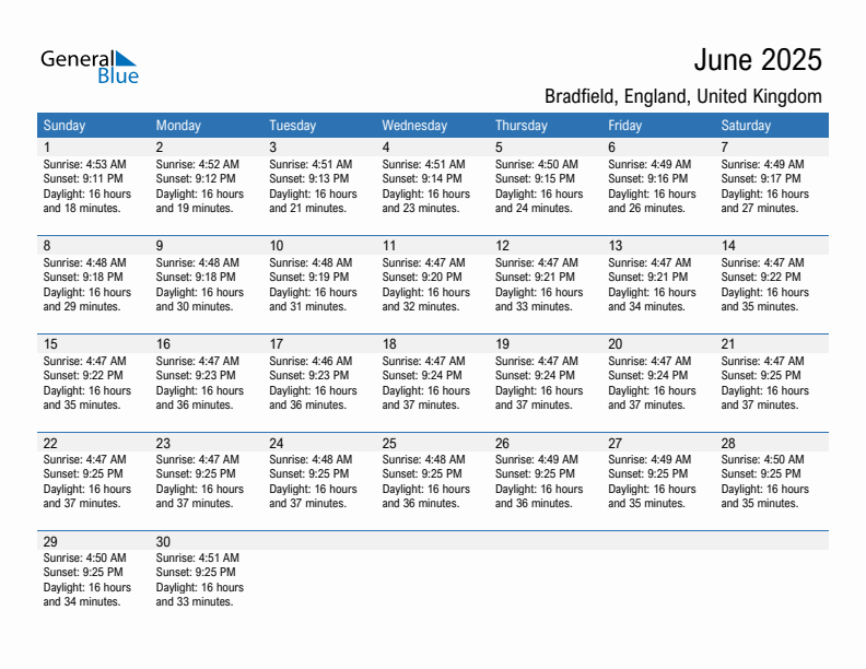 Bradfield June 2025 sunrise and sunset calendar in PDF, Excel, and Word