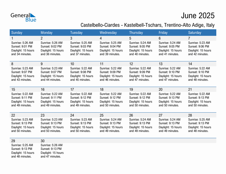 Castelbello-Ciardes - Kastelbell-Tschars June 2025 sunrise and sunset calendar in PDF, Excel, and Word