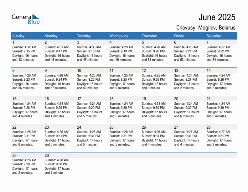 Chavusy June 2025 sunrise and sunset calendar in PDF, Excel, and Word