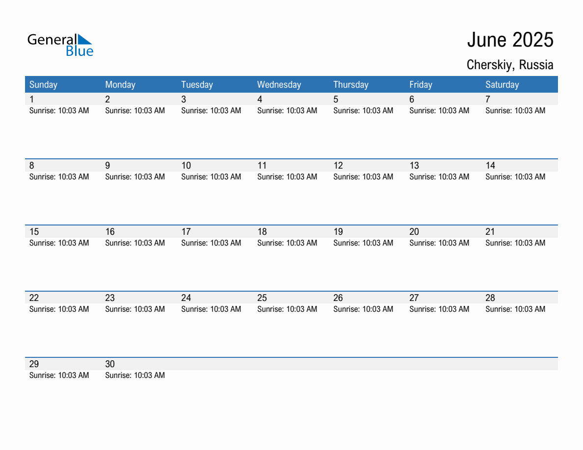 June 2025 sunrise and sunset calendar for Cherskiy