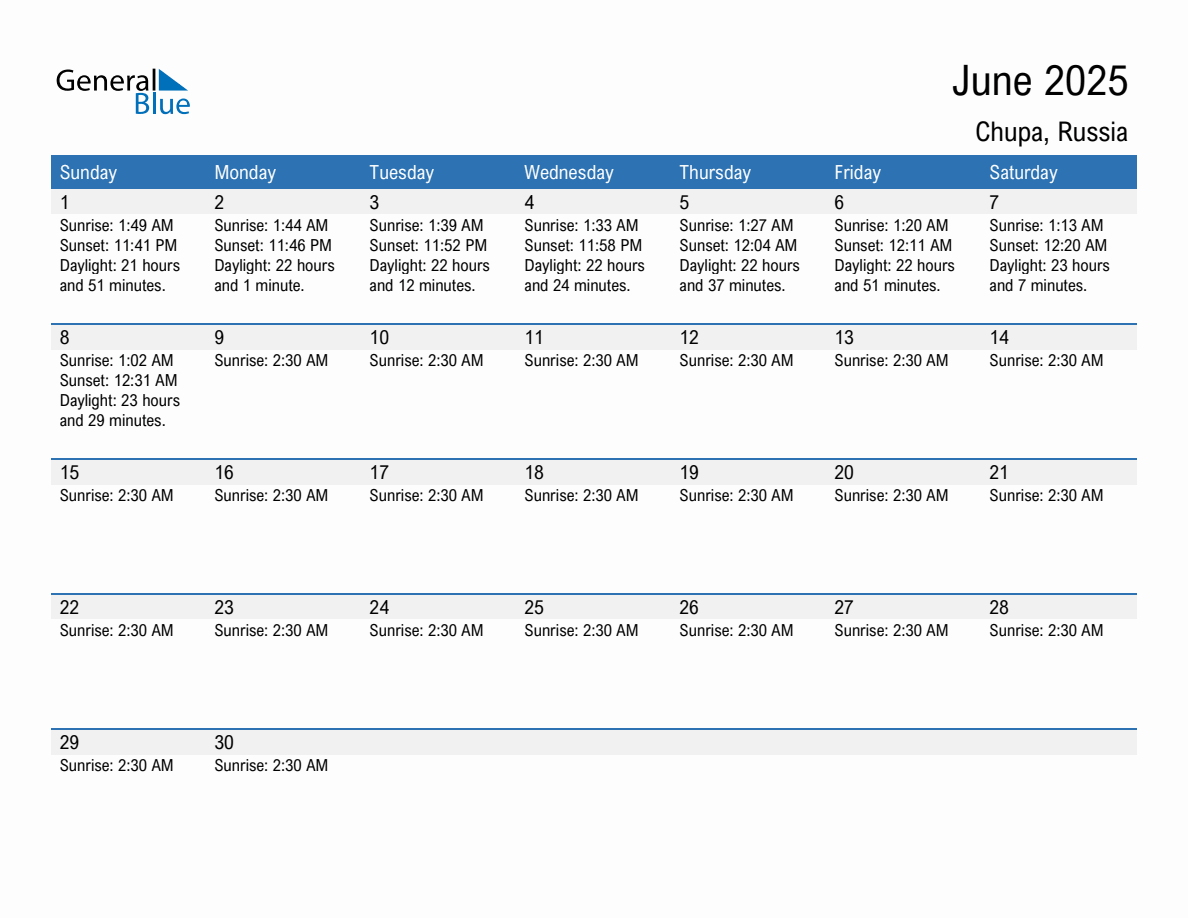 June 2025 sunrise and sunset calendar for Chupa