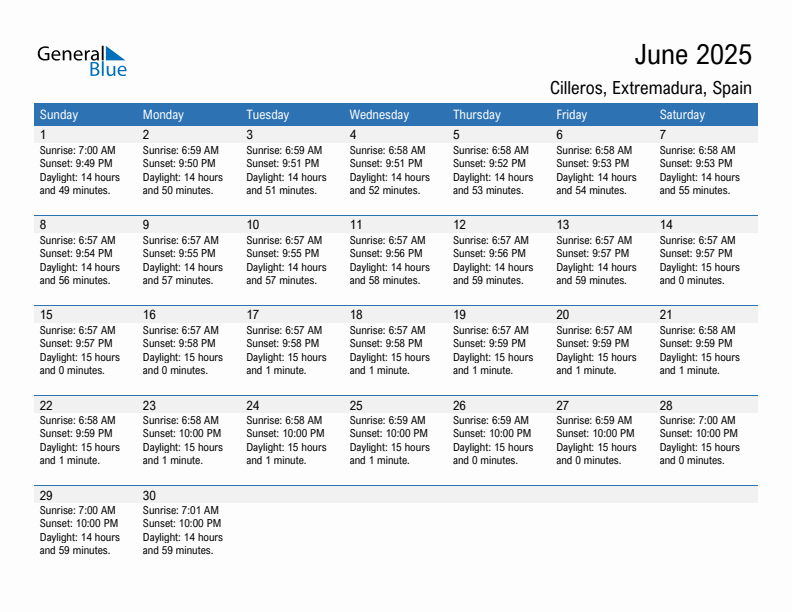 Cilleros June 2025 sunrise and sunset calendar in PDF, Excel, and Word