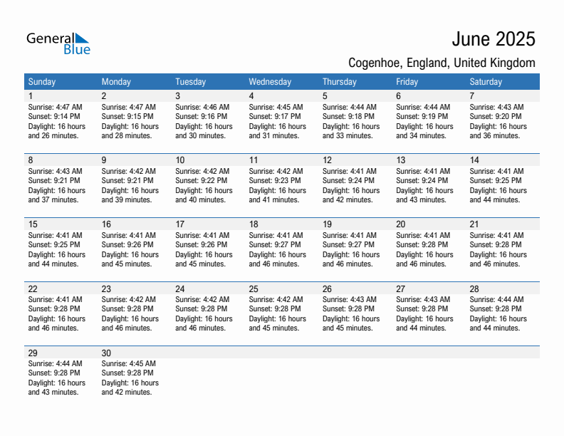 Cogenhoe June 2025 sunrise and sunset calendar in PDF, Excel, and Word