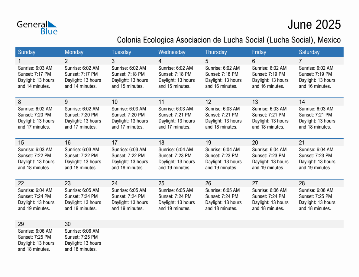 June 2025 sunrise and sunset calendar for Colonia Ecologica Asociacion de Lucha Social (Lucha Social)