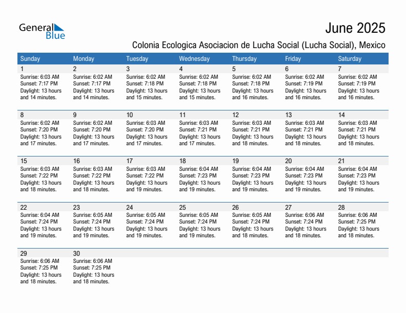 Colonia Ecologica Asociacion de Lucha Social (Lucha Social) June 2025 sunrise and sunset calendar in PDF, Excel, and Word