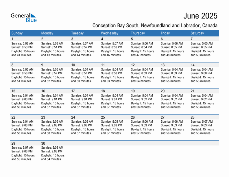 Conception Bay South June 2025 sunrise and sunset calendar in PDF, Excel, and Word