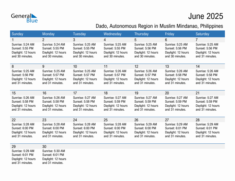 Dado June 2025 sunrise and sunset calendar in PDF, Excel, and Word