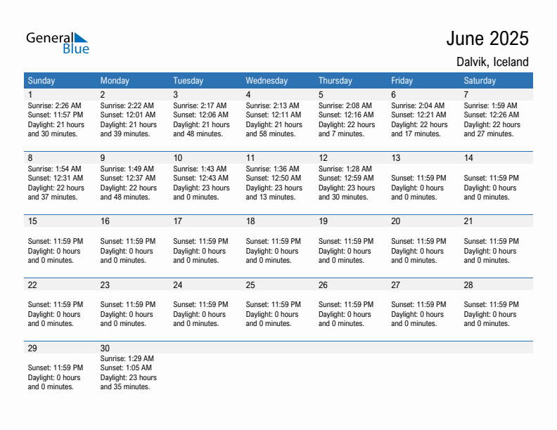 Dalvik June 2025 sunrise and sunset calendar in PDF, Excel, and Word