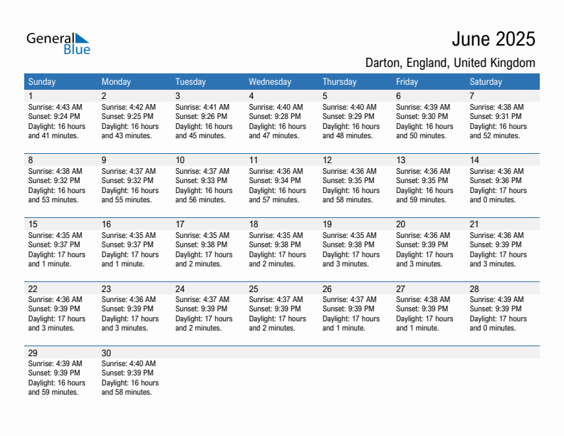 Darton June 2025 sunrise and sunset calendar in PDF, Excel, and Word