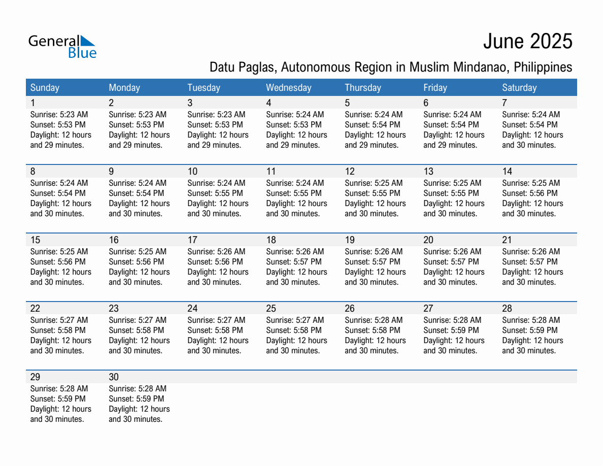 June 2025 sunrise and sunset calendar for Datu Paglas