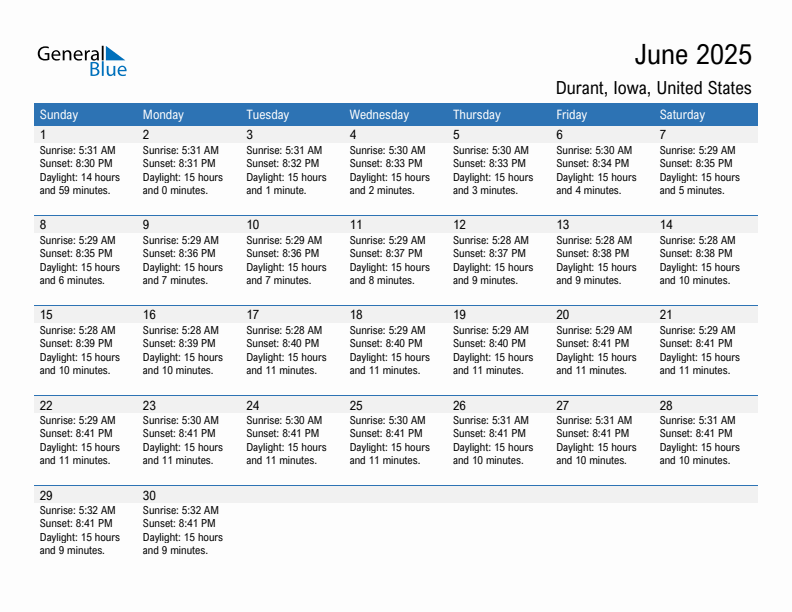 Durant June 2025 sunrise and sunset calendar in PDF, Excel, and Word