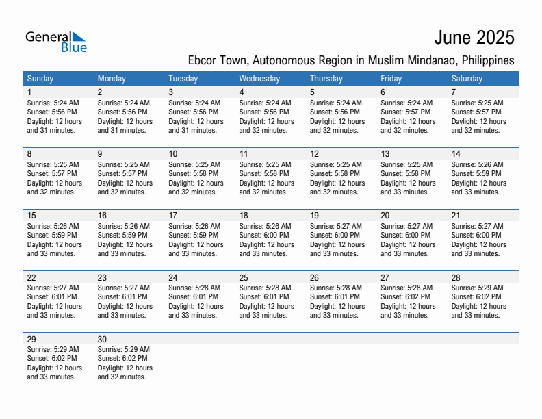 Ebcor Town June 2025 sunrise and sunset calendar in PDF, Excel, and Word