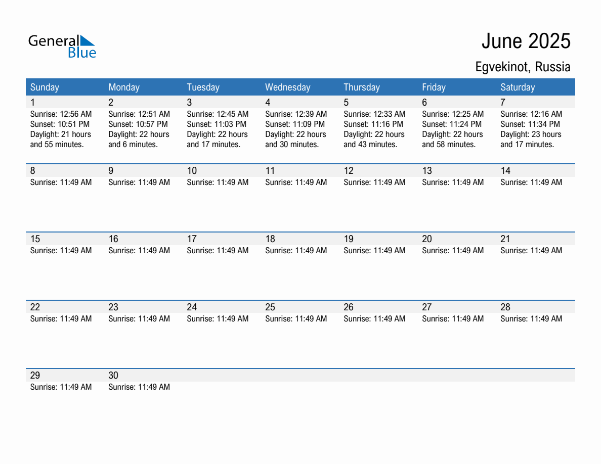 June 2025 sunrise and sunset calendar for Egvekinot