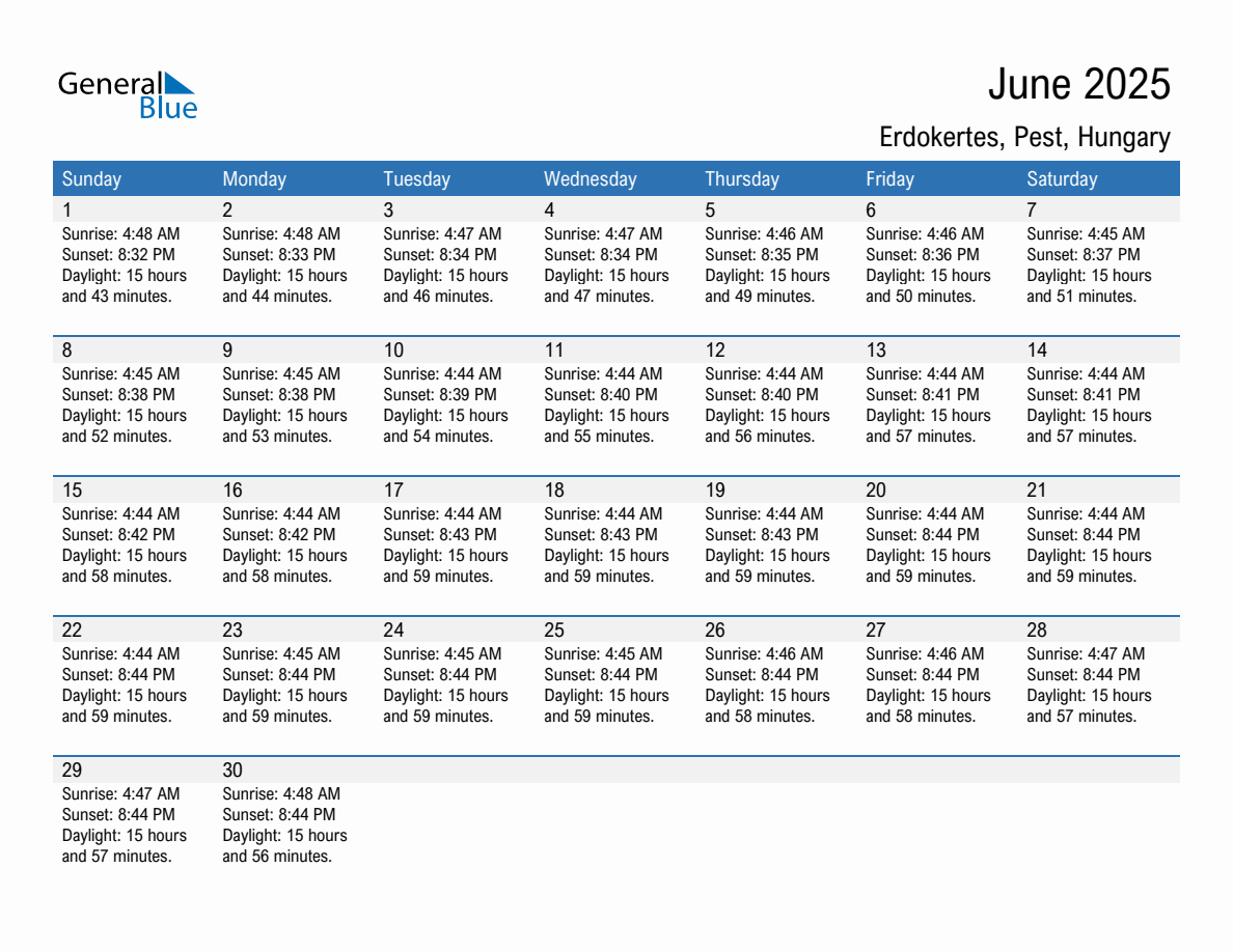 June 2025 sunrise and sunset calendar for Erdokertes