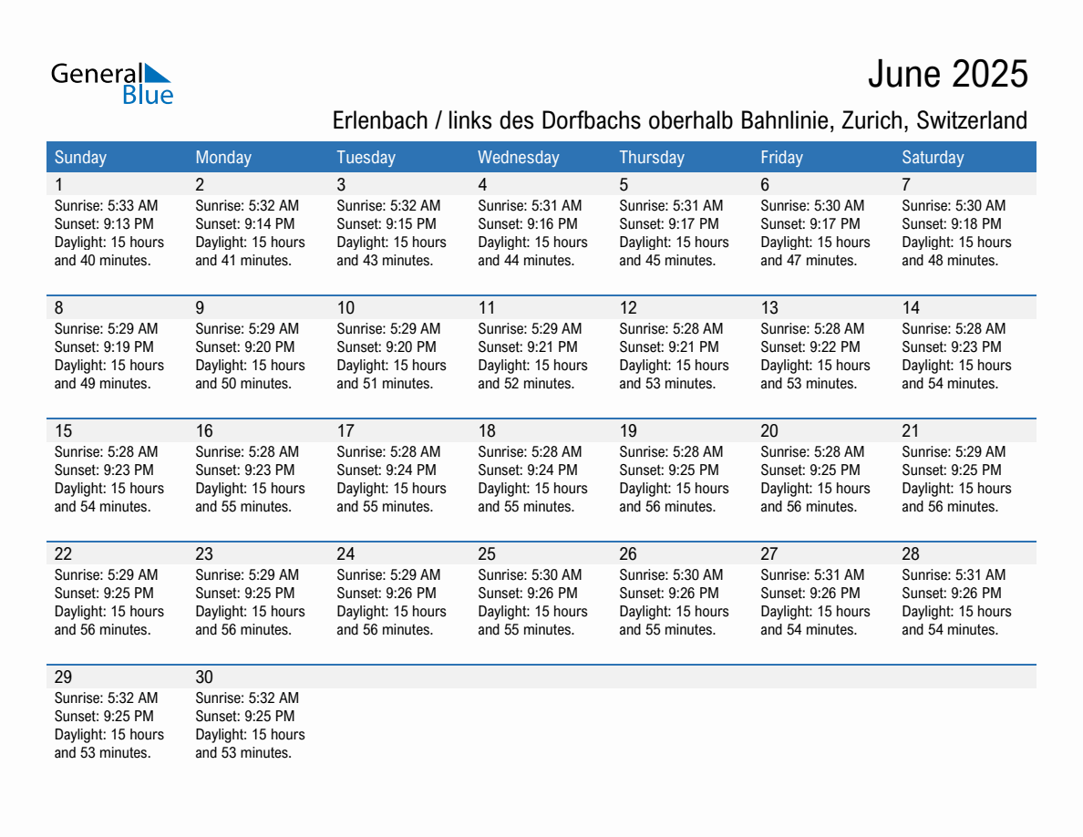 June 2025 sunrise and sunset calendar for Erlenbach / links des Dorfbachs oberhalb Bahnlinie