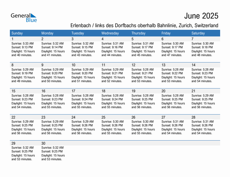 Erlenbach / links des Dorfbachs oberhalb Bahnlinie June 2025 sunrise and sunset calendar in PDF, Excel, and Word