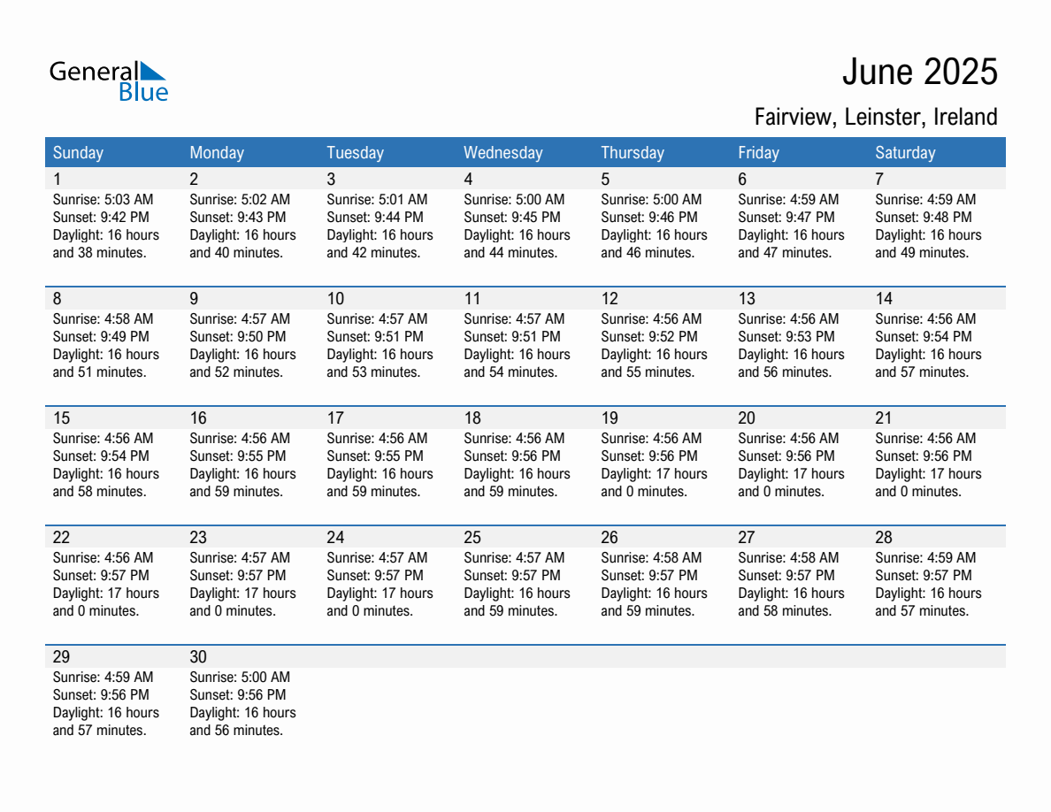 June 2025 sunrise and sunset calendar for Fairview