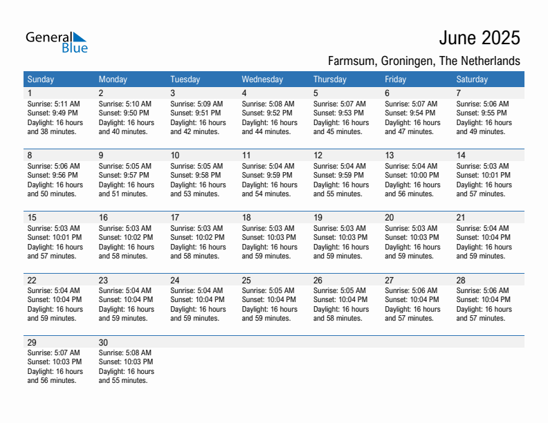 Farmsum June 2025 sunrise and sunset calendar in PDF, Excel, and Word