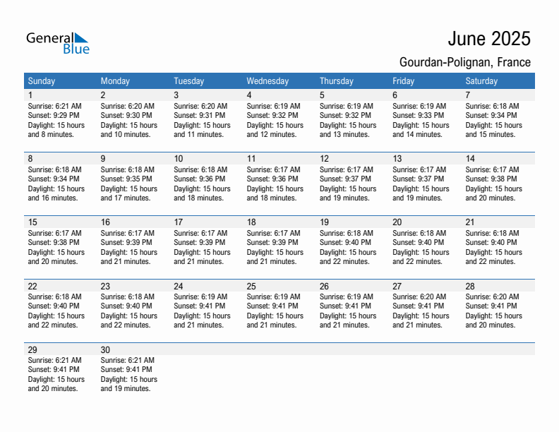 Gourdan-Polignan June 2025 sunrise and sunset calendar in PDF, Excel, and Word