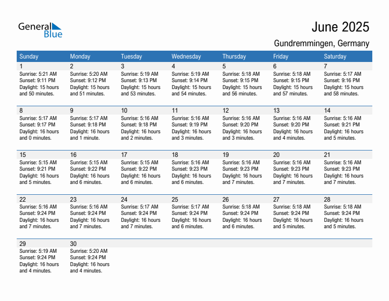 Gundremmingen June 2025 sunrise and sunset calendar in PDF, Excel, and Word