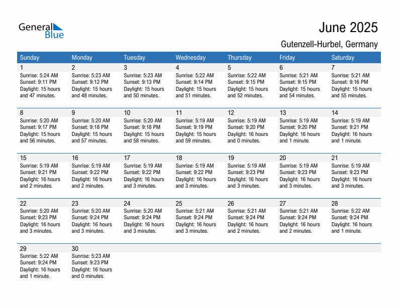 Gutenzell-Hurbel June 2025 sunrise and sunset calendar in PDF, Excel, and Word