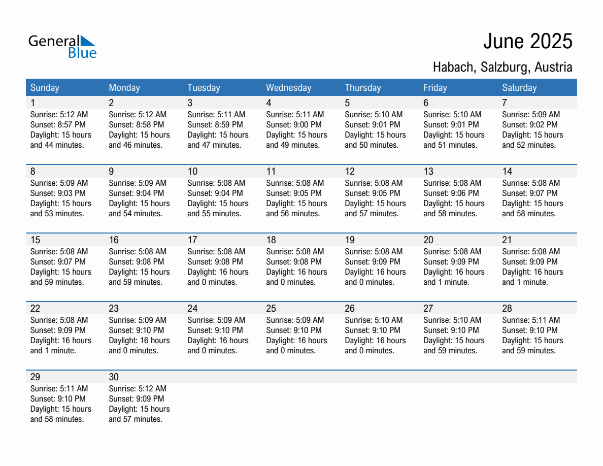 June 2025 sunrise and sunset calendar for Habach