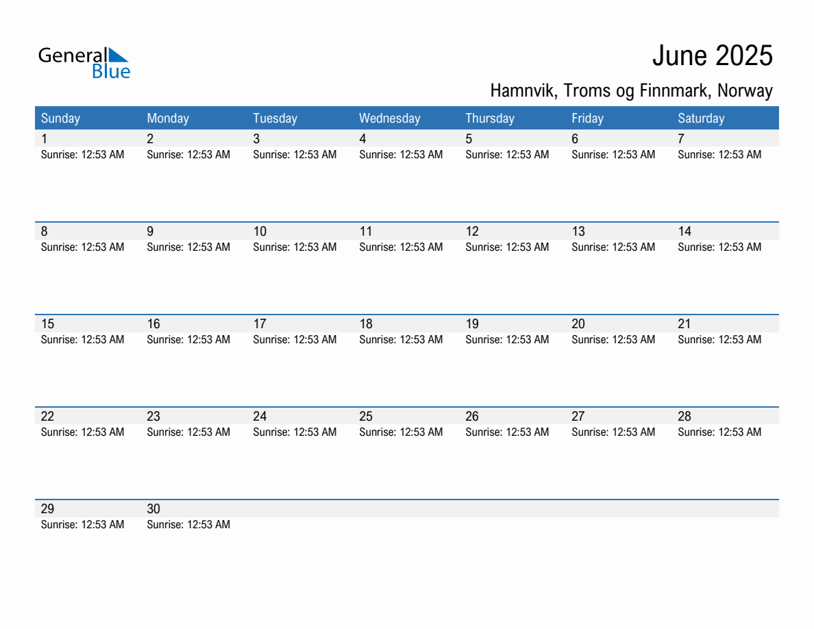 June 2025 sunrise and sunset calendar for Hamnvik