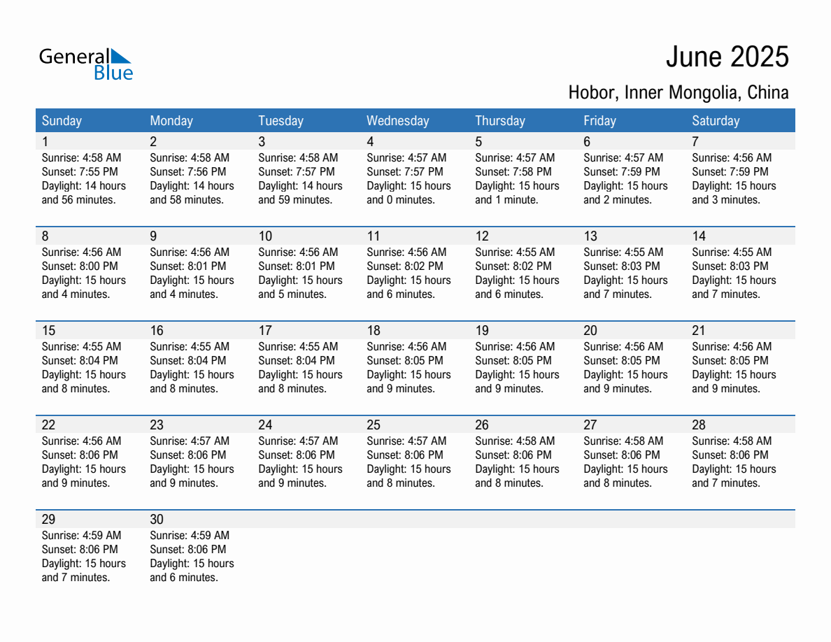 June 2025 sunrise and sunset calendar for Hobor