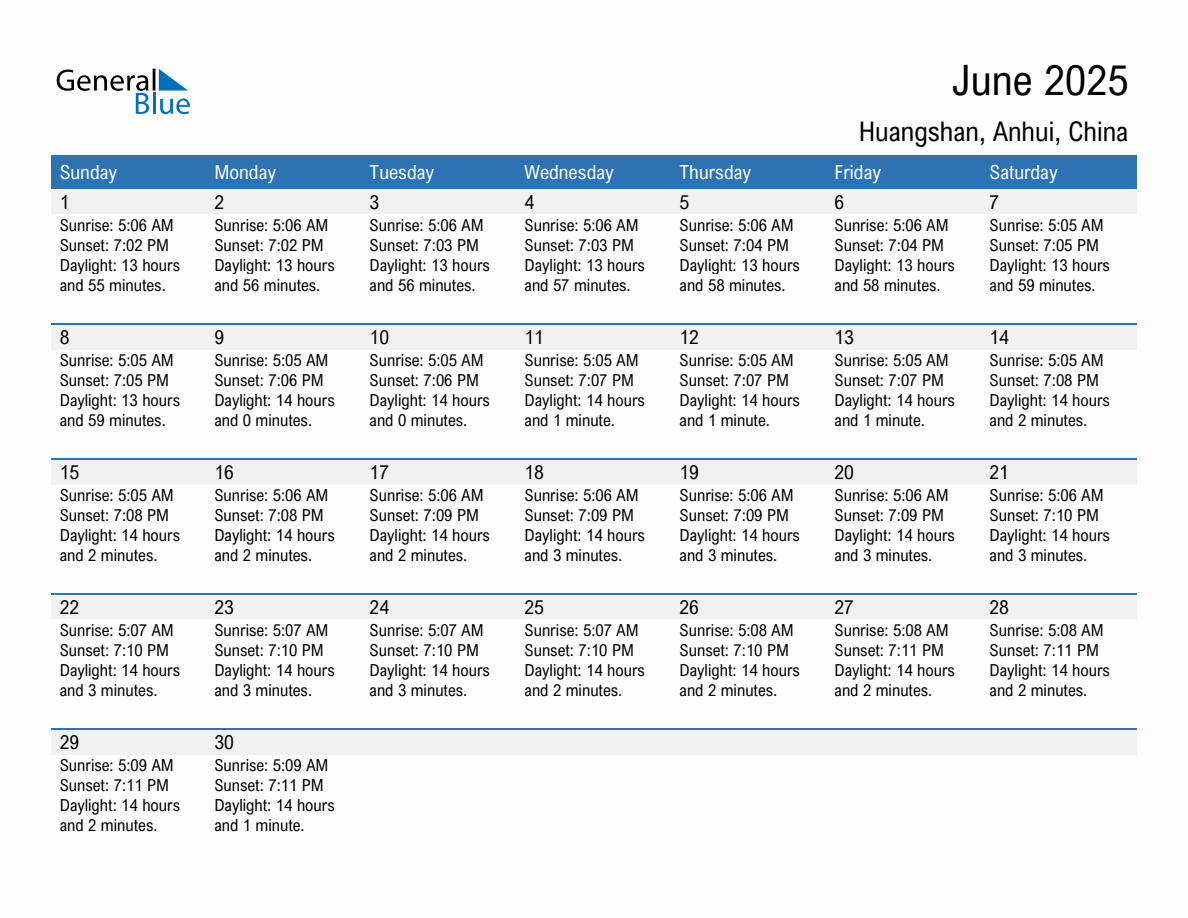 June 2025 sunrise and sunset calendar for Huangshan