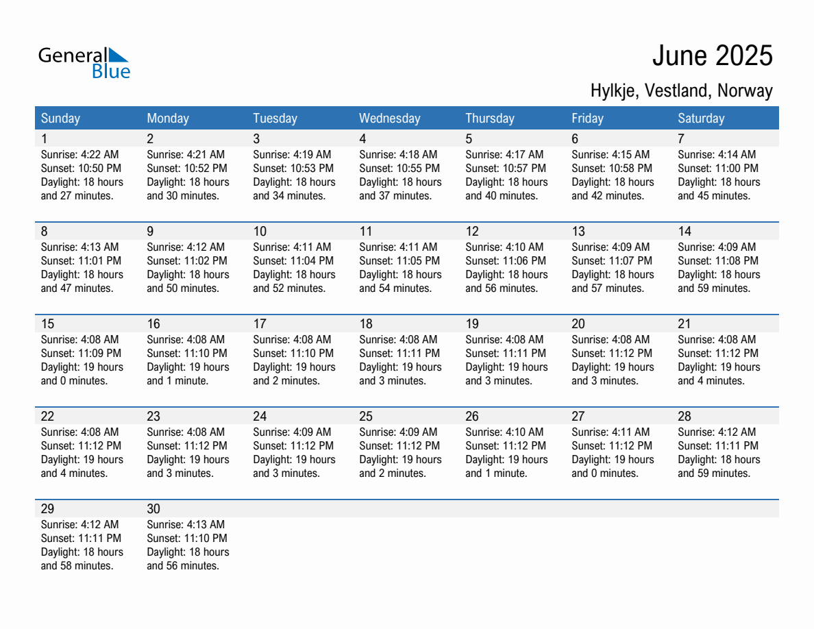 June 2025 sunrise and sunset calendar for Hylkje